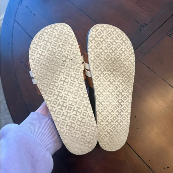 Tory Burch Tan Leather Slide Sandals with White Stripes - Picture 2 of 8